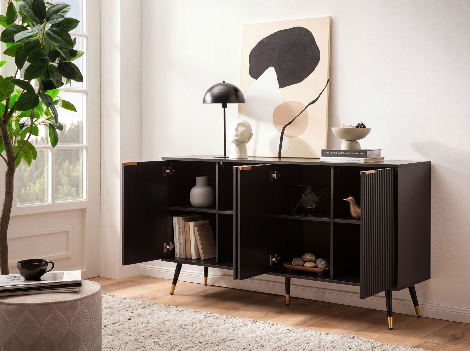 FINEBUY Sideboard FB104685 150cm MDF Eiche Schwarz Dekor Kommode mit 4 Türen (Kommode Türen Standschrank, Hoher Kommodenschrank), 150x81x39cm Anrichte, Schwarz Eiche-Dekor