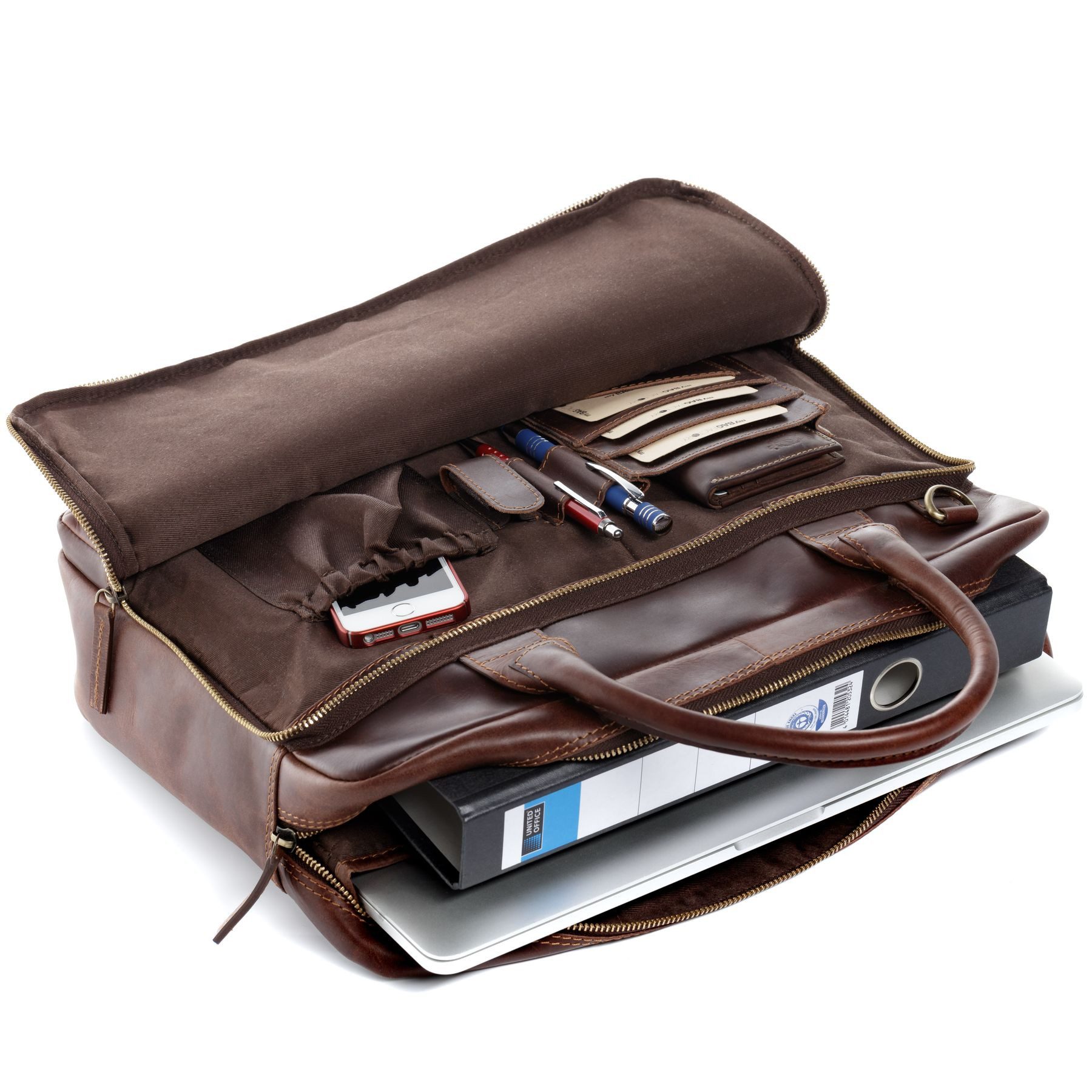 SID & VAIN Umhängetasche echt Leder Aktentasche 15 Zoll Laptop Fach braun, Laptoptasche 15,4 Zoll, Arbeitstasche Umhängetasche Damen Herren braun