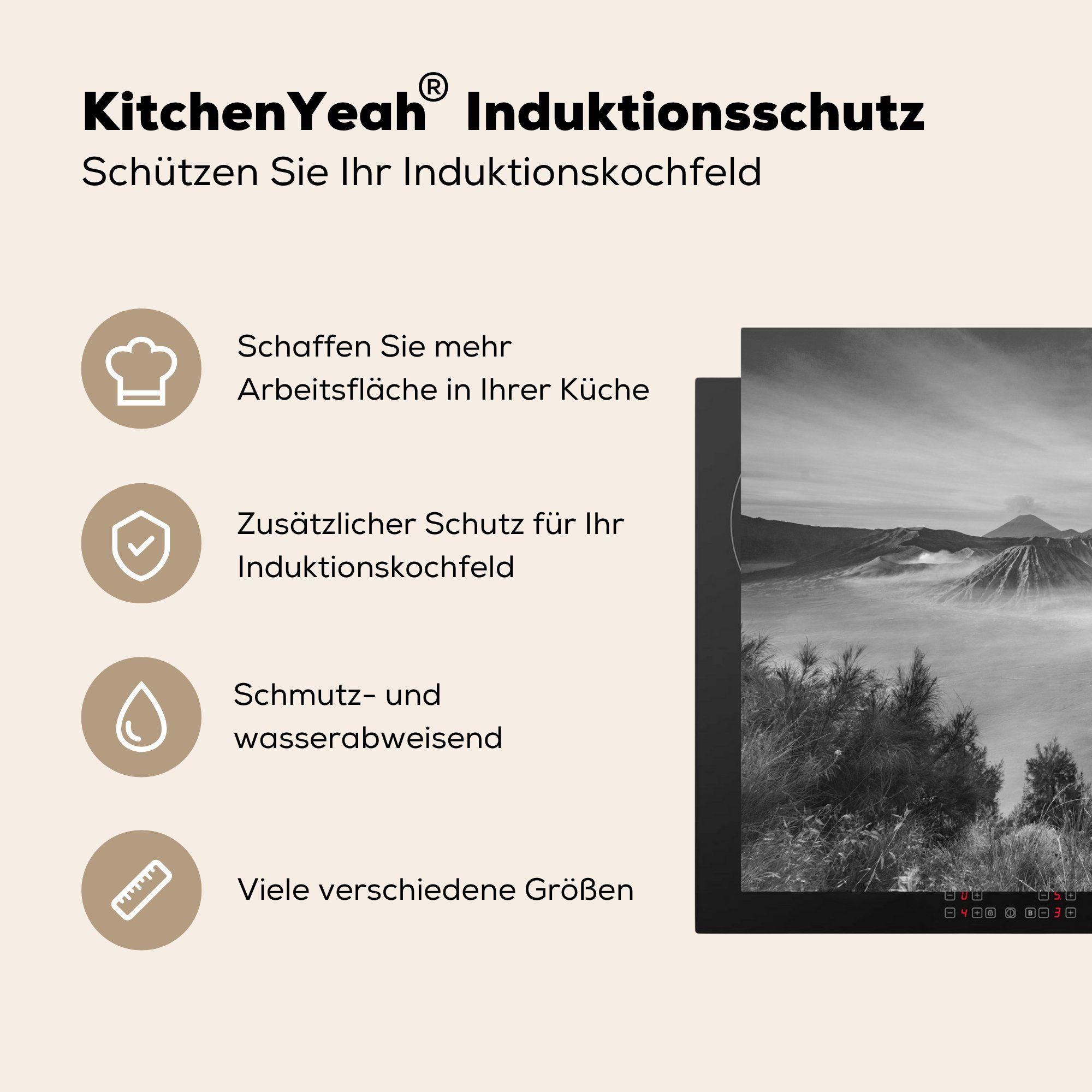 Vinyl, die Ceranfeldabdeckung für küche, tlg), Herdblende-/Abdeckplatte Indonesien Schutz Induktionskochfeld MuchoWow Vulkan Schwarz (1 Weiß, 81x52 - cm, - -