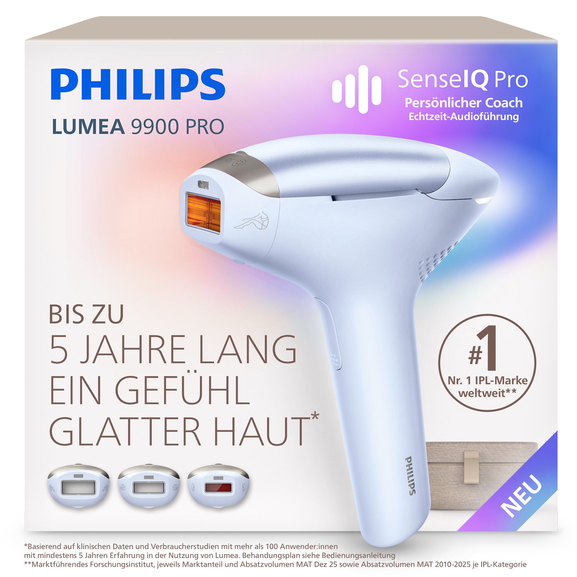 Philips IPL-Haarentferner Philips Lumea Series 9900 Pro BRC333/00, NEUHEIT, 3 Aufsätze (Körper, Gesicht, empfindliche Bereiche), Audioführung
