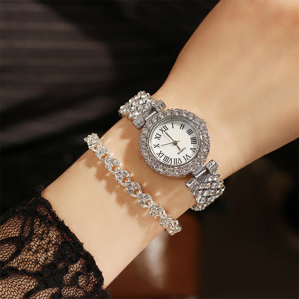 Rutaqian Set Strassarmband mit einem Für Uhr Strasssteine Geschenke mit Armband, Armbanduhr (set, Silber Schmuckarmband), Damen Quarzuhr mit Quarzuhr Frauen,