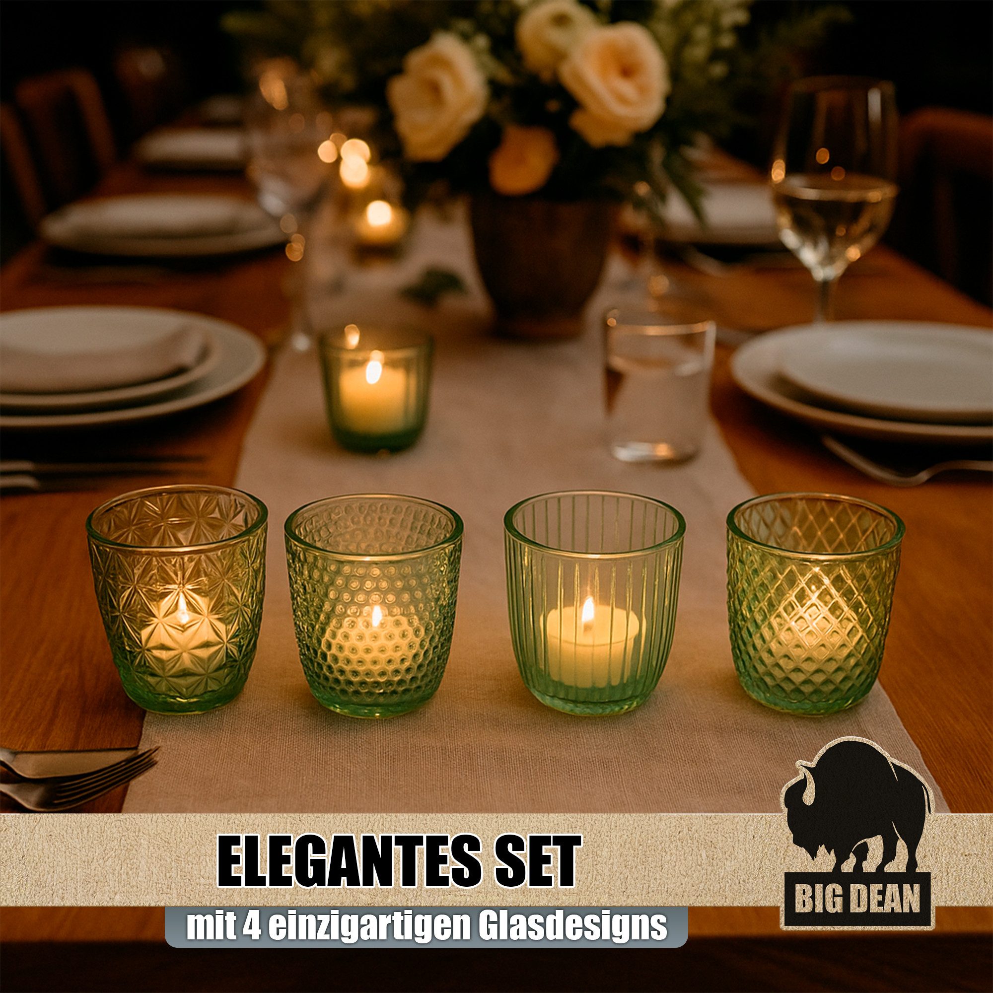 BigDean Teelichthalter Windlicht Glas grün Teelichthalter 4er Set Teelichthalter (Set, 4 St., Teelichtglas), Teelicht aus Glas mit dem gewissen Flair – Bild 5 von 5