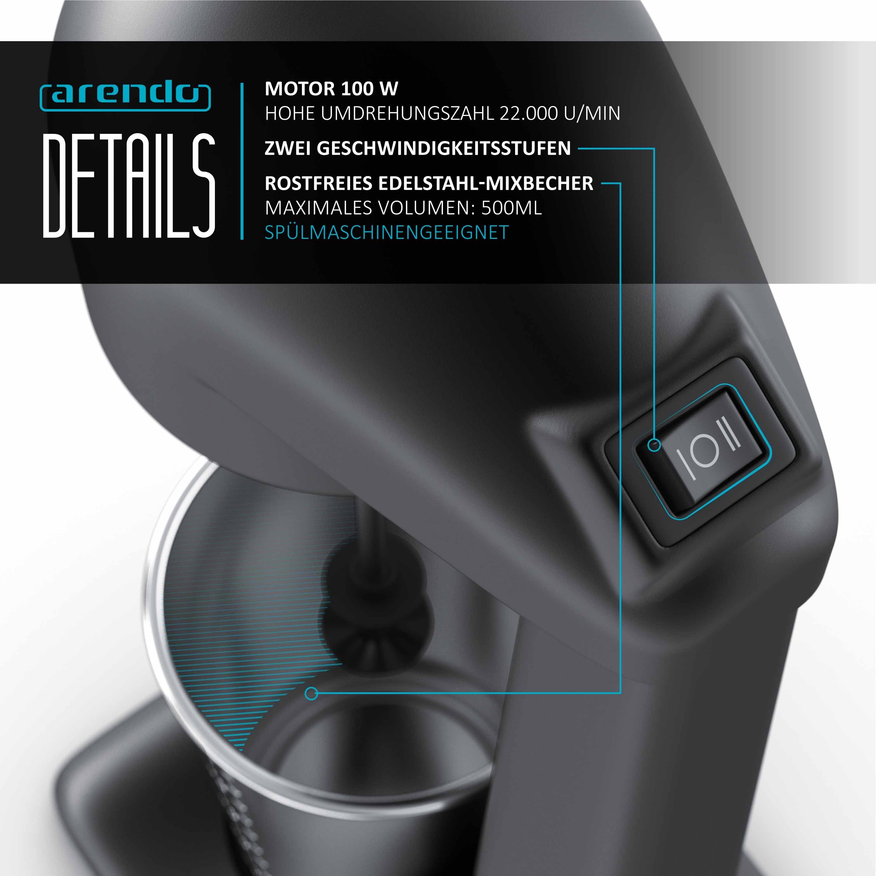 Arendo Standmixer Drink Mixer elektrisch mit 500ml Becher Getränkemixer, 22.000 U/min, 100 W, 2 Geschwindigkeiten für Fitness Protein Shakes, Smoothies, Milchshakes