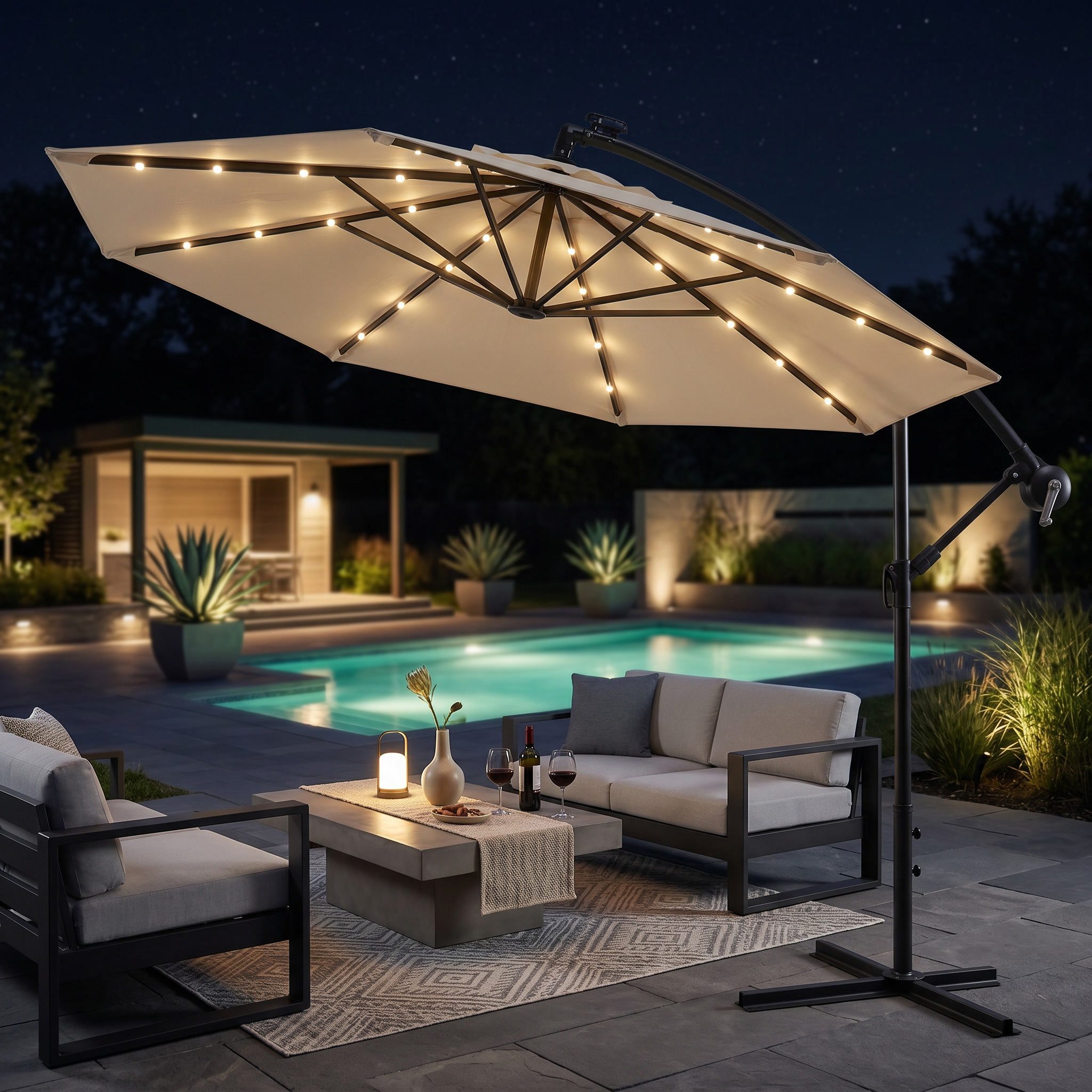 Swing&Harmonie Sonnenschirm mit LED Beleuchtung Luxus Ampelschirm 300 / 350cm, Garten Schirm inkl. Abdeckhaube
