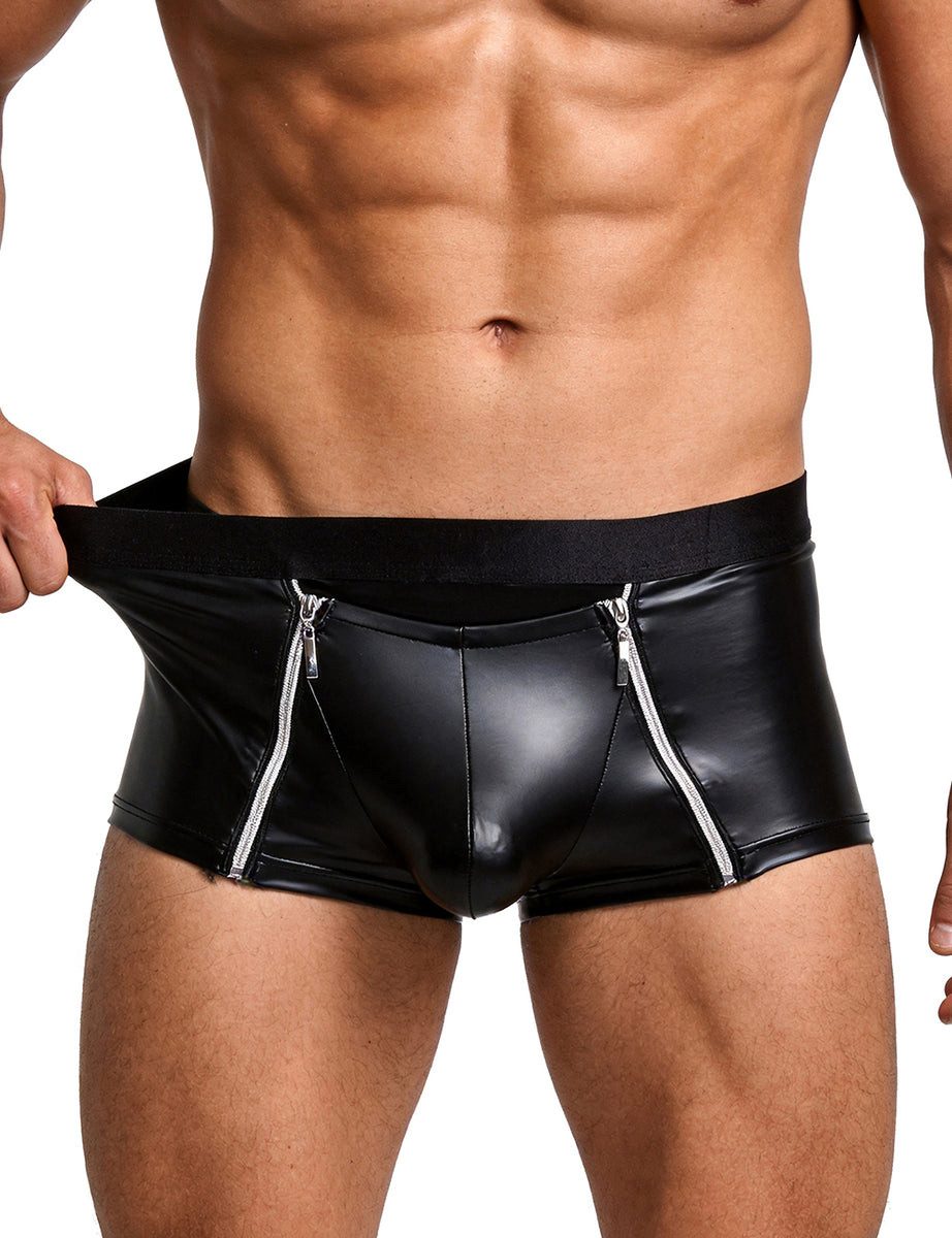 Lau-Fashion Boxershorts Herren Wetlook Boxer in Lederoptik mit Reißverschluss, Schwarz