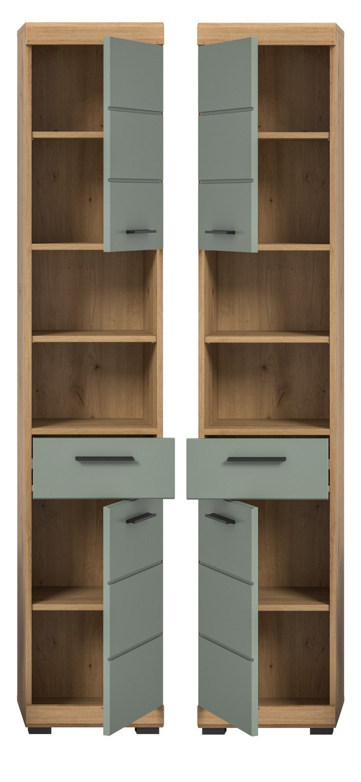 Inn.Furn Hochschrank Shawn (Badschrank in Salbei und Artisan Eiche, 2-türig, 37 x 191 cm) 6 Fächer, mit Vollauszug