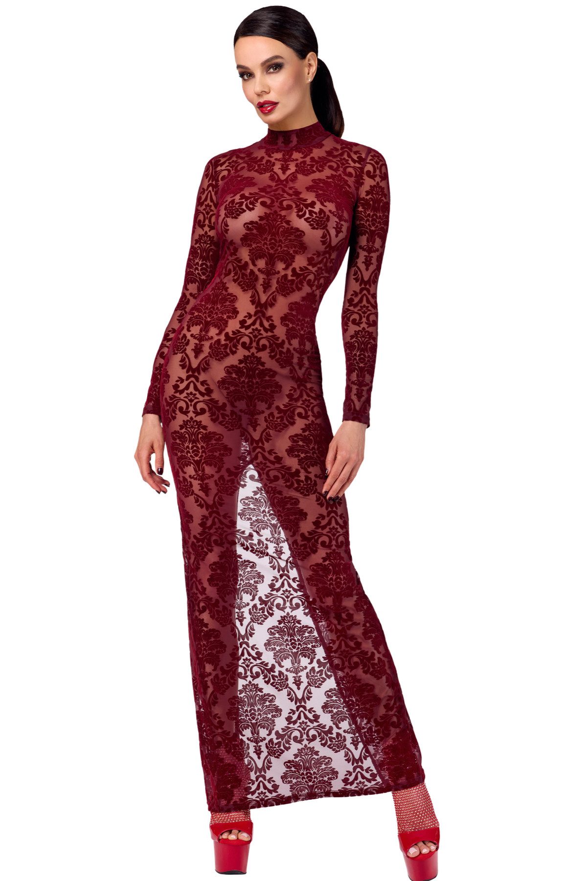 Noir Handmade Minikleid Damen Tüll Kleid rot mit Netz und Ausschnitt transparent offen Rückena