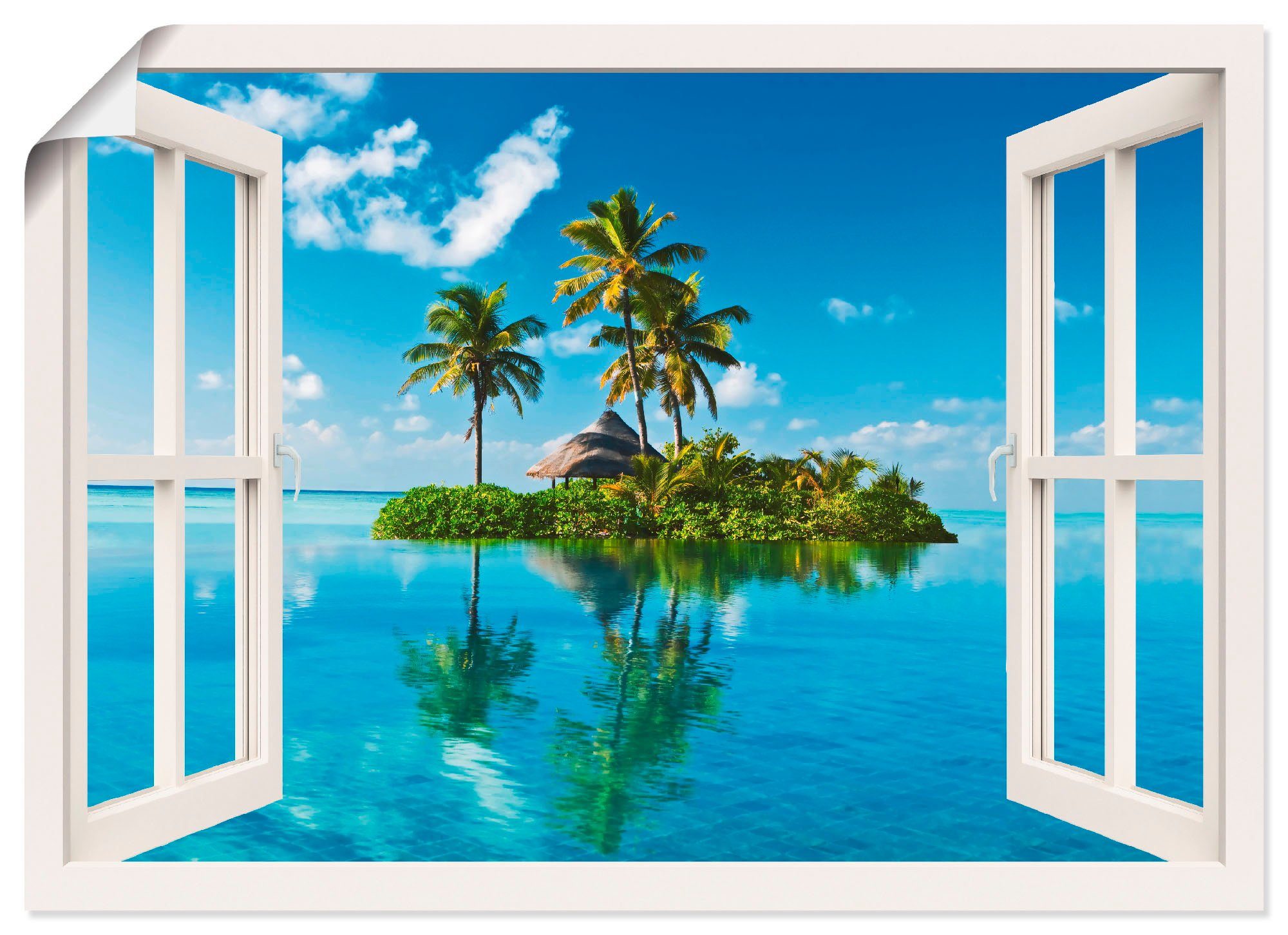 Artland Wandbild Fensterblick Insel Palmen Meer, Fensterblick (1 St), als Leinwandbild, Wandaufkleber oder Poster in versch. Größen