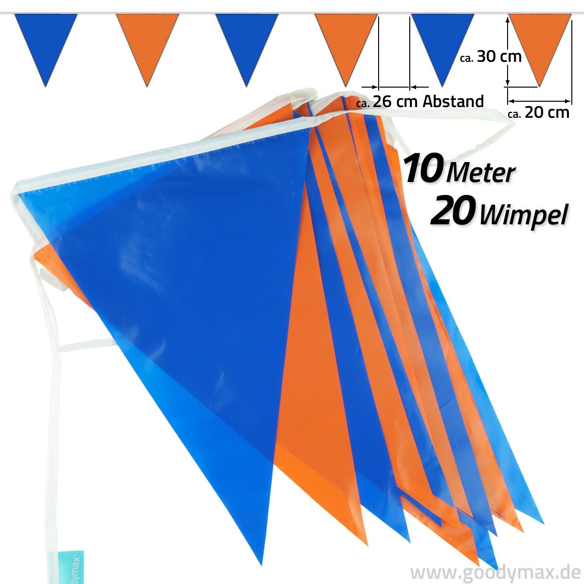 Goodymax Hängedekoration Goodymax® Wimpelkette 10 m Blau-Orange, 20 Wimpel á 20 x 30 cm