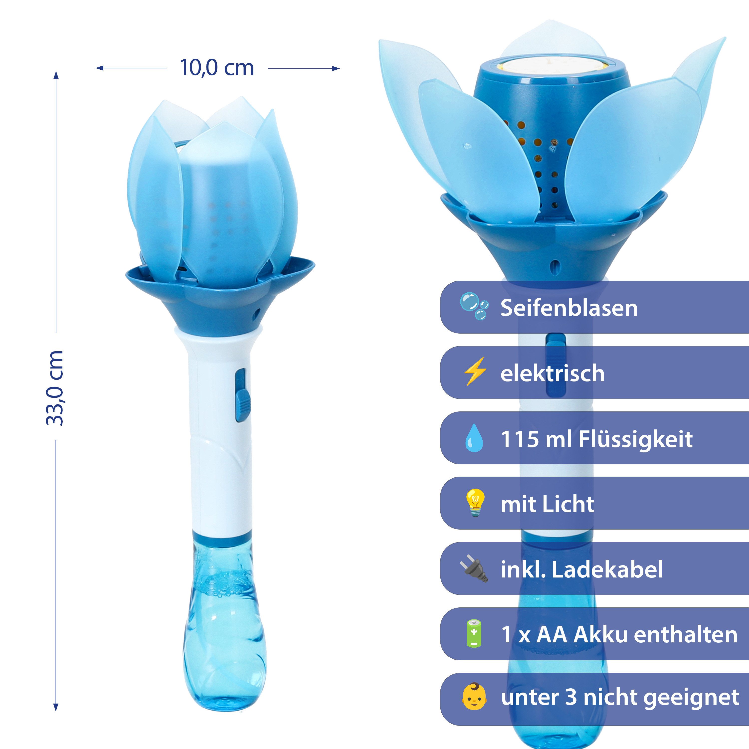 CEPEWA Seifenblasenstab Seifenblasen Lotusblume hellblau 10x33cm 115ml elektrisch Akku Kabel