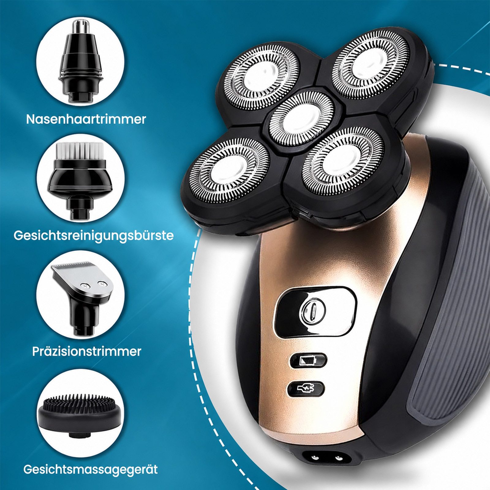 MOPUEA Elektrorasierer Elektrorasierer Cordless 5in1 Kit Rechargeable Waterproof für Männer, 5-in-1 Herrenrasierer mit 5D Rotationskopf & Zubehör, 5-in-1, 5D Kopf, IPX7, nass/trocken, magnetisch, ergonomisch