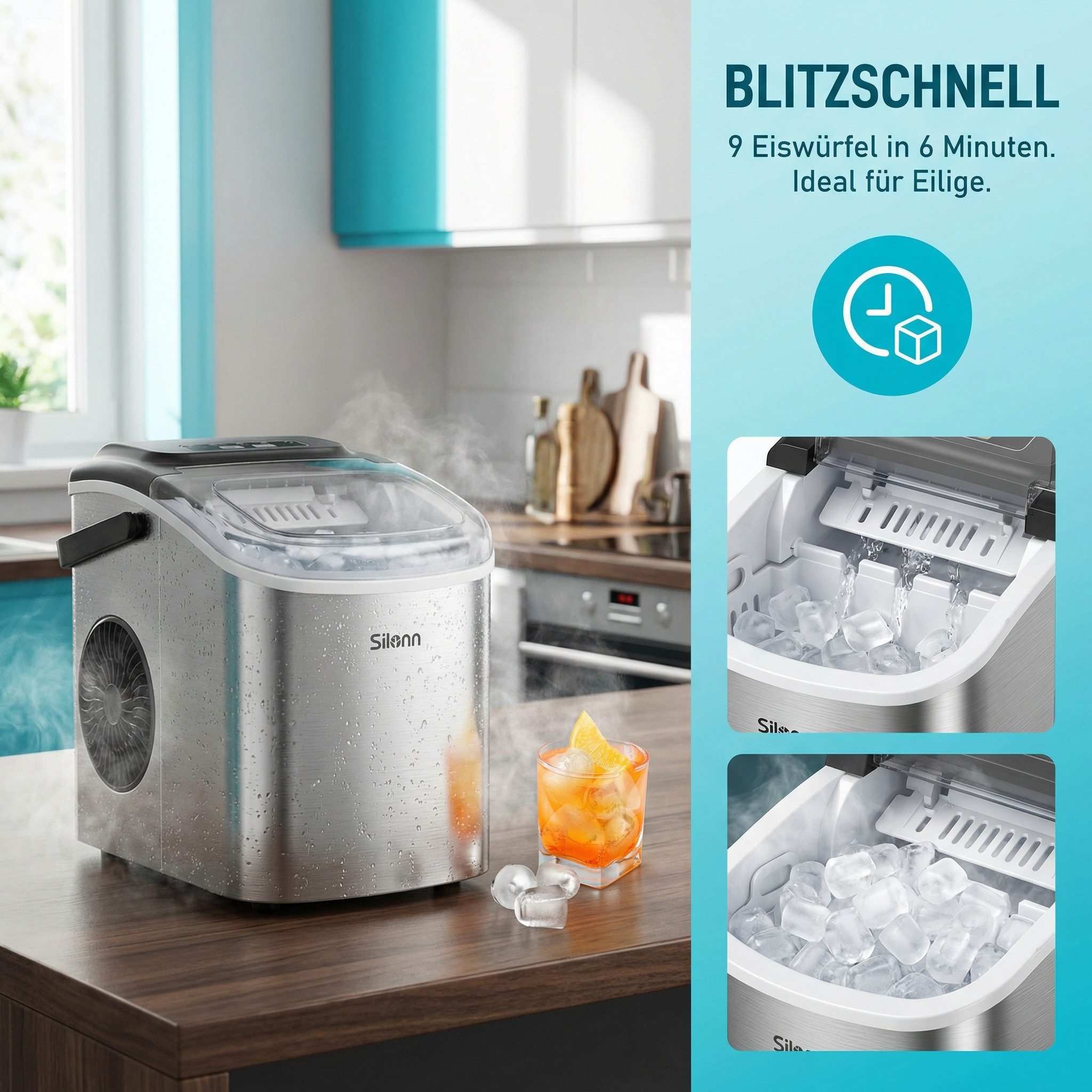 Silonn Eiswürfelmaschine Tragbar Eiswürfelbereiter – 6-minütige Eisherstellung, 2 Eisgrößen, 12kg/Tag, Selbstreinigend, LED-Anzeige – Für Haushalt, Camping & Pa – Bild 5 von 5
