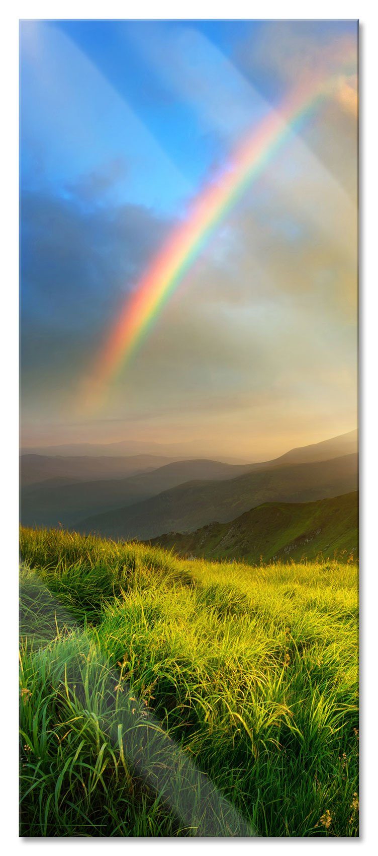 inkl. Regenbogen und Echtglas, am Glasbild Himmel, Berge aus mit Himmel Aufhängungen Regenbogen mit (1 Glasbild Pixxprint Abstandshalter Berge St), am