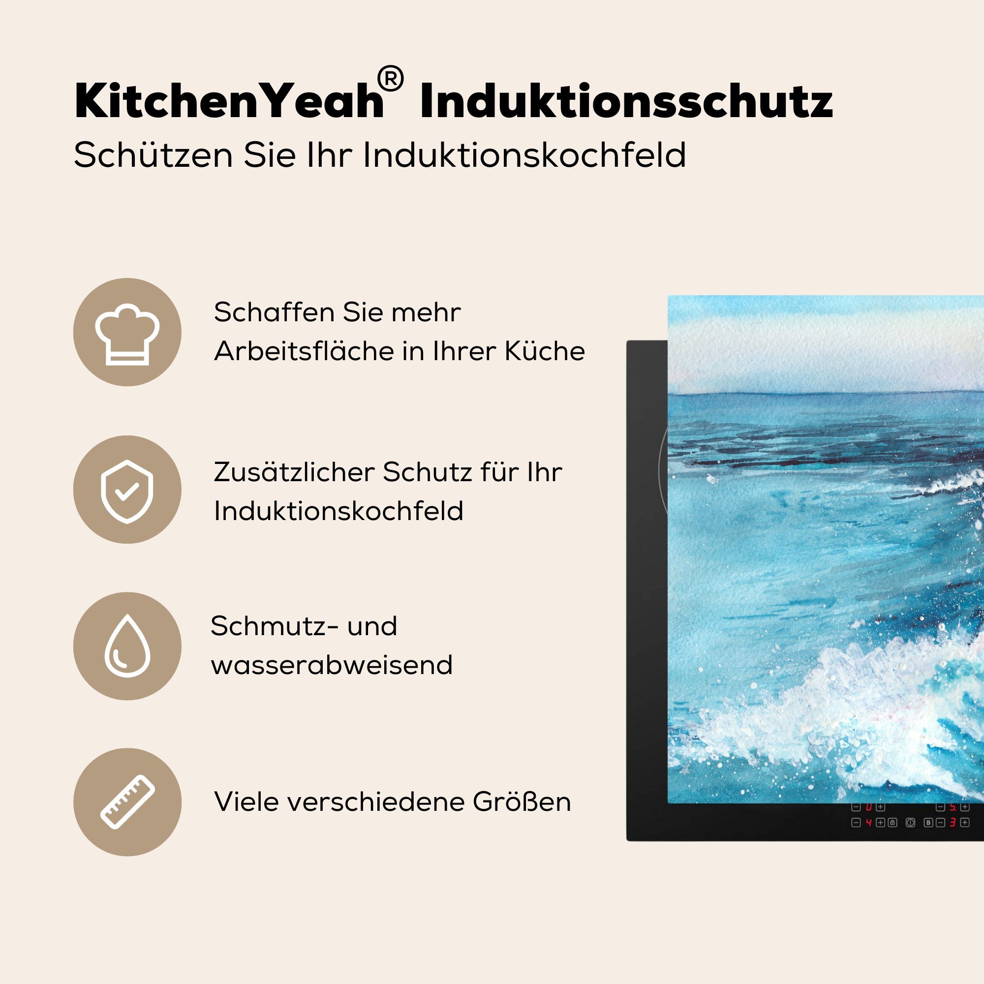 MuchoWow Herdblende-/Abdeckplatte Meer tlg), für Vinyl, 78x78 küche Arbeitsplatte Golf (1 cm, Ceranfeldabdeckung, - - Aquarell