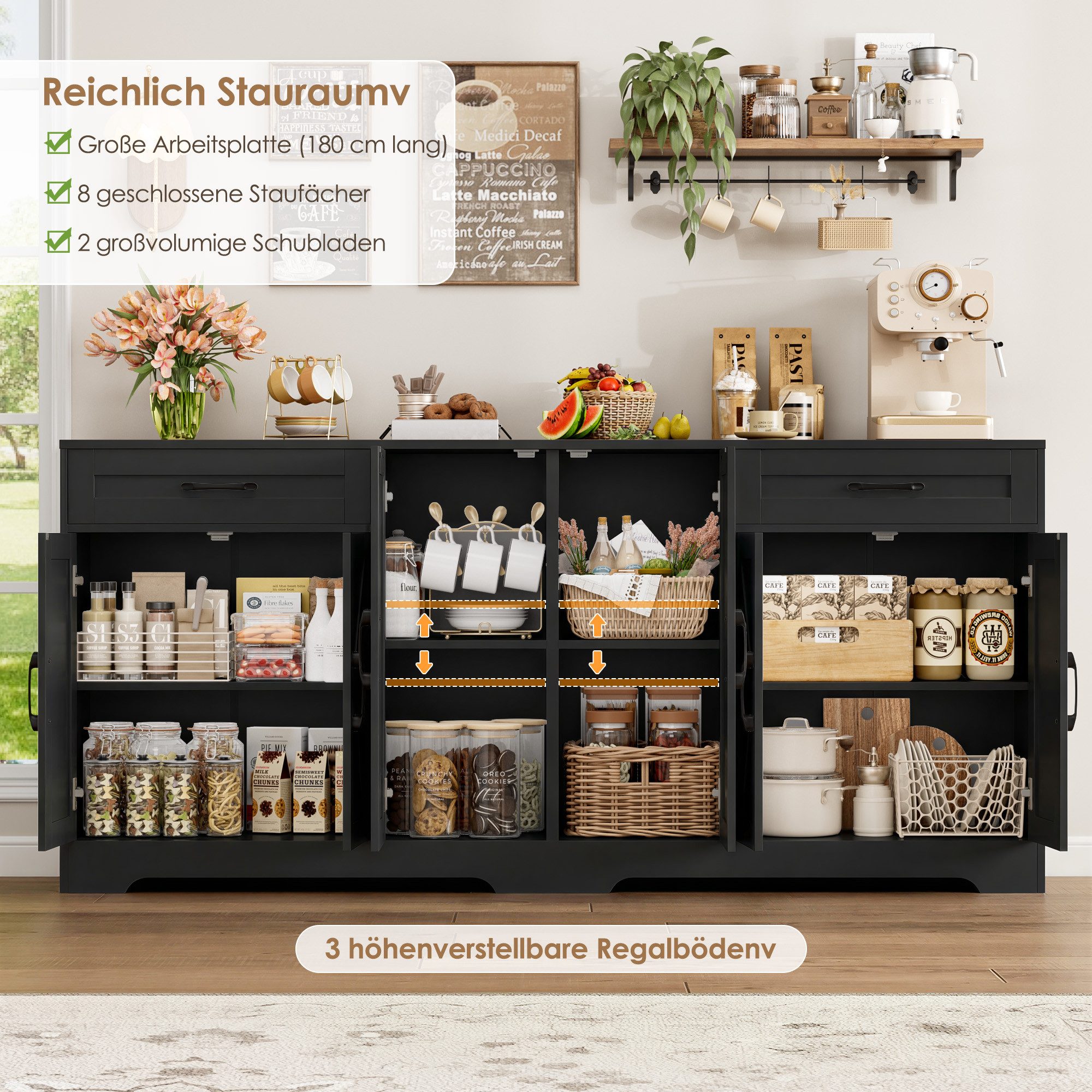 HOMECHO Sideboard, 180 cm breit Küchenschrank mit Arbeitsplatte, 6 Türen und 2 Schubladen