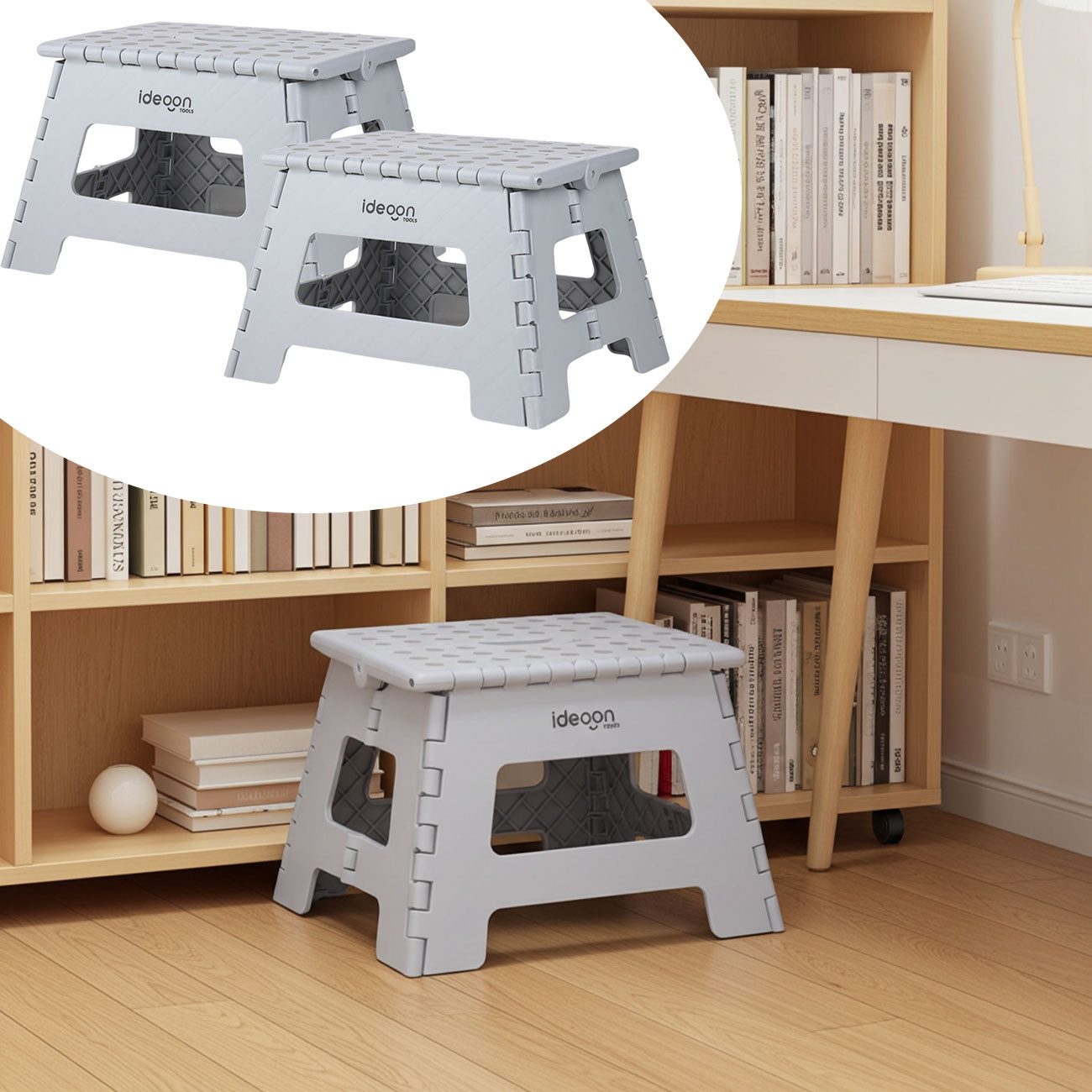 shop'n smile ideoon Tritthocker bis 150 kg belastbar – Faltbarer Tritthocker flach & platzsparend, für Küche, Bad, Wohnmobil, u.v.m.