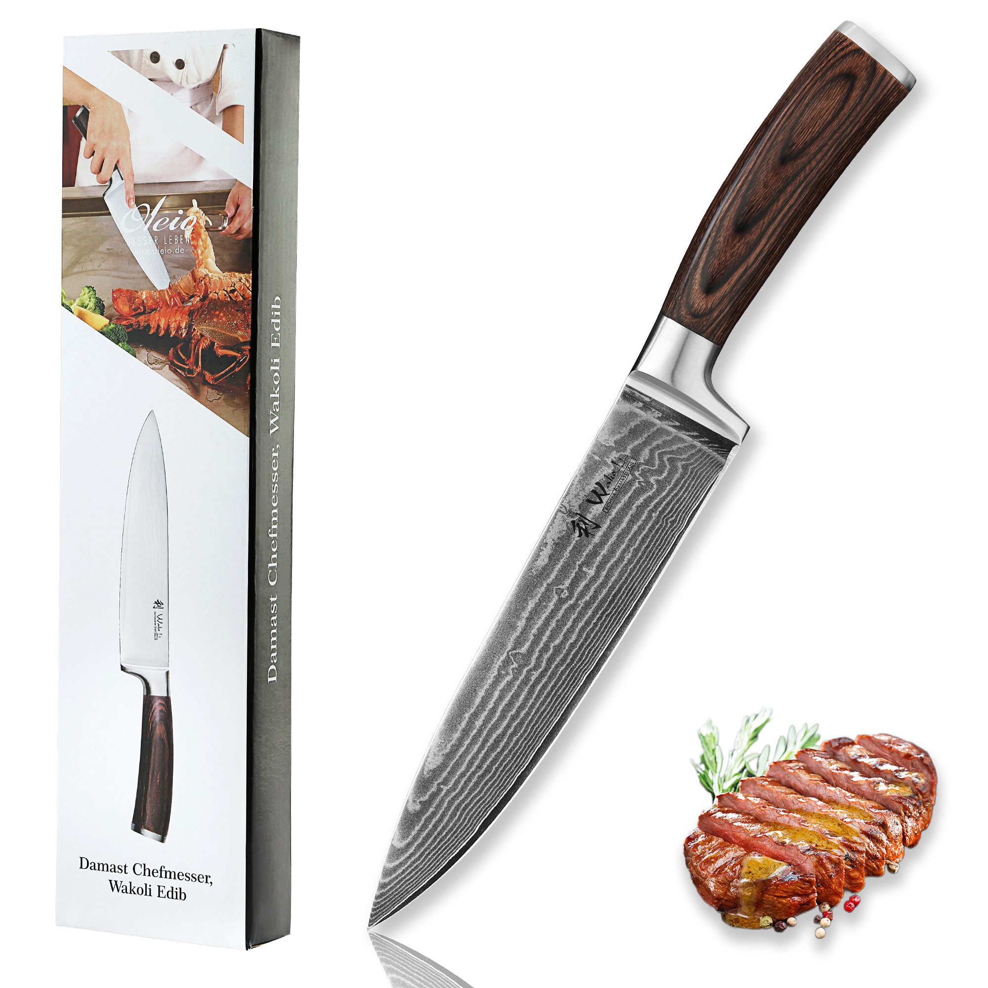 Wakoli Universalküchenmesser EDIB Damast Chefmesser I Kochmesser Küchenmesser I 20cm Klinge, VG10 Kern, 67 Lagen Damaststahl, Pakkaholzgriff, inkl. Geschenkbox