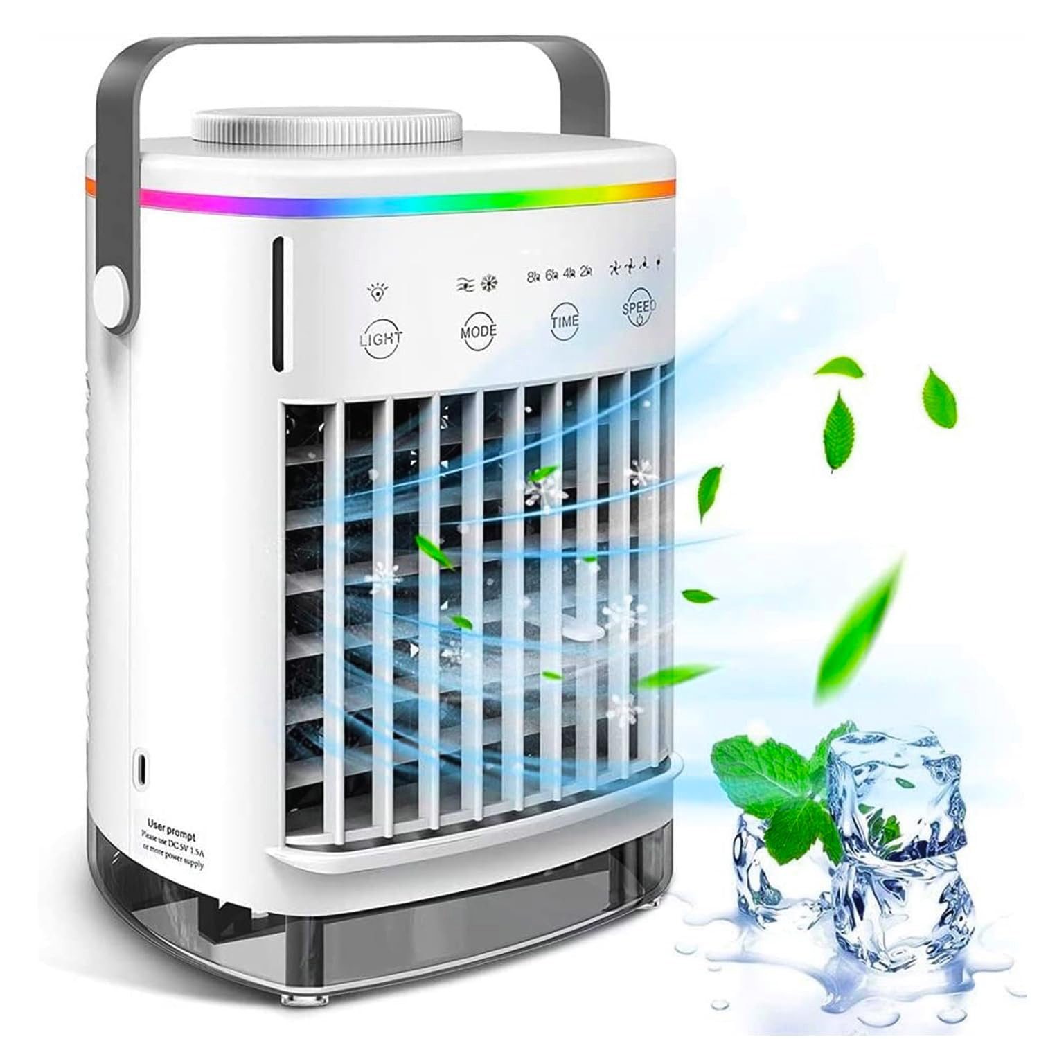 MOPUEA Ventilatorkombigerät Tragbarer Luftkühler Klimaanlage mit 7-Farben-LED 700ML Wassertank, 4 Windstufen mit Sprühnebel für individuelle Kühlung