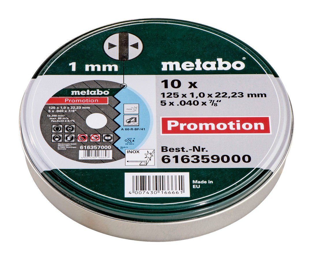 metabo Trennscheibe, Ø 125 mm, (10 Stück), Trennscheiben Promotion 125 x 1 x 22,23 Inox TF 41 in Blechdose