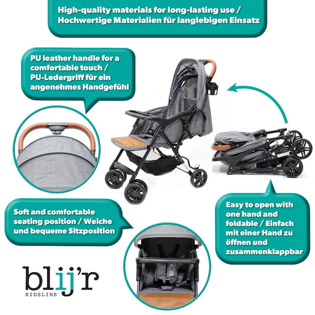 Blij´r Kinder-Buggy Mimi mit Buggy Moskitonetz Grau Sitzsack, in Baldachin und Kinderwagen