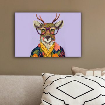 OneMillionCanvasses® Leinwandbild Hirsche - Tiere - Blumen - Hippie, (1 St), Wandbild Leinwandbilder, Aufhängefertig, Wanddeko, 30x20 cm