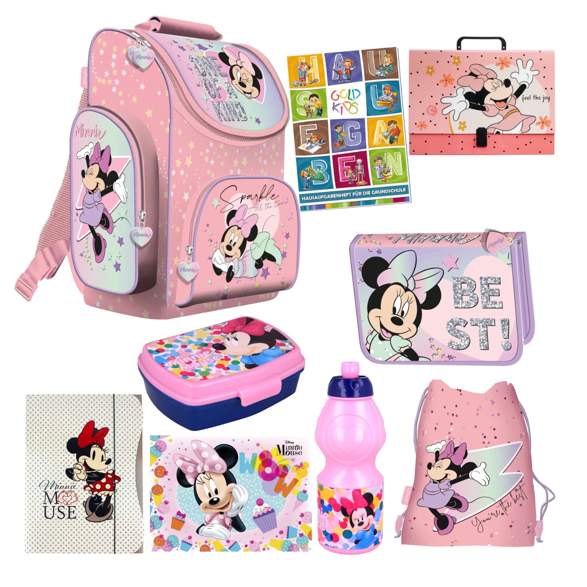 GOLDKIDS Schulranzen Set XXL 9er Ranzen Tornister (Brotdose Trinkflasche, 1-tlg., Tornister Federmappe Turnbeutel), Aktenmappe - Minnie Motiv 1-3 Klasse
