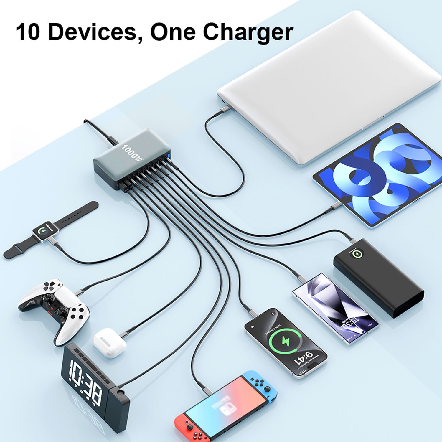 keepdrum keepdrum USB-Schnell-Ladestation GaN10 10 Anschlüsse Ladestation (Desktop-Ladestation, Fast-Charger, Leistungsstarke USB-Ladestation für 10 Geräte)