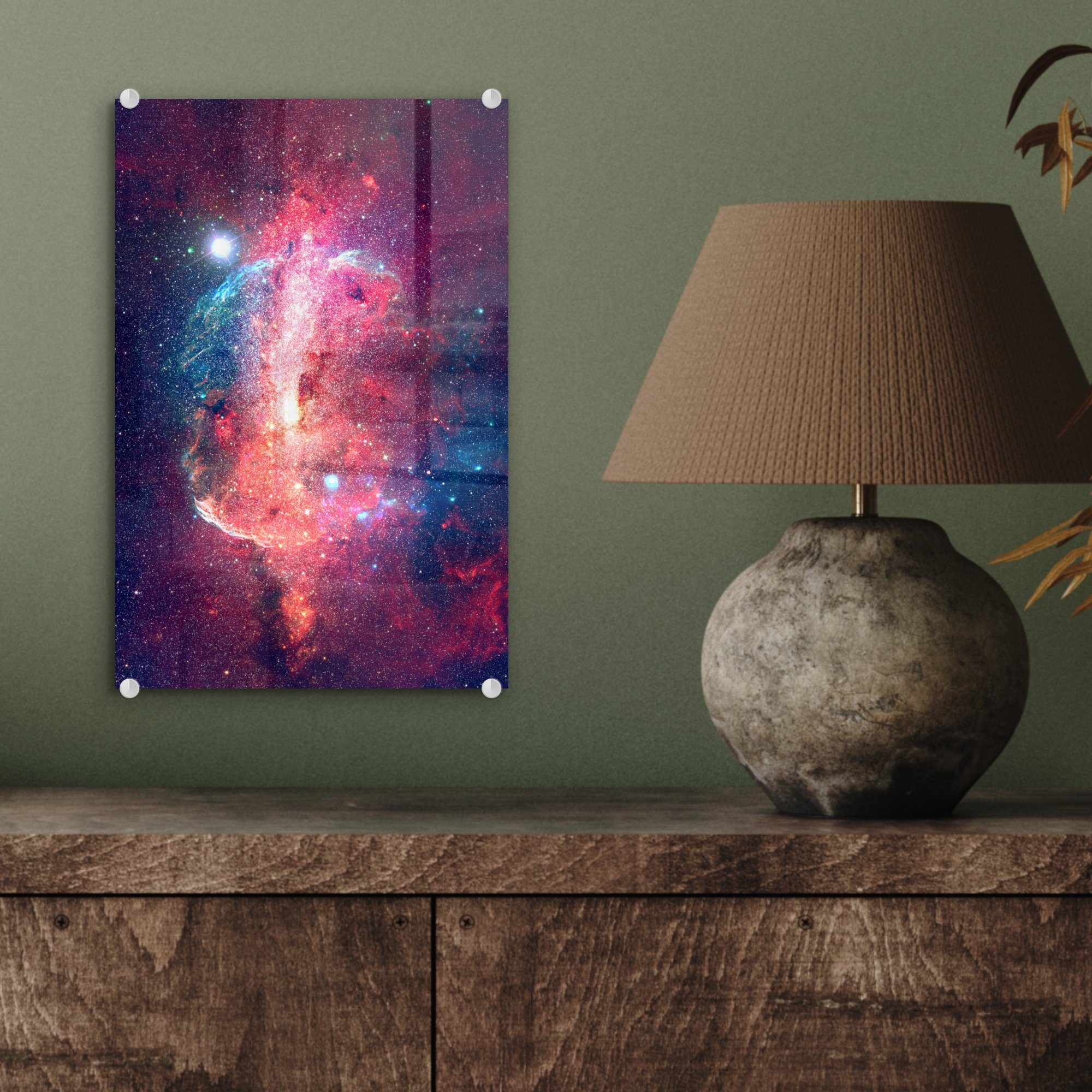 Bilder Acrylglasbild Glas Glas Weltraum - auf Rot, (1 St), - - - Sterne auf Wandbild MuchoWow Wanddekoration - Foto Glasbilder