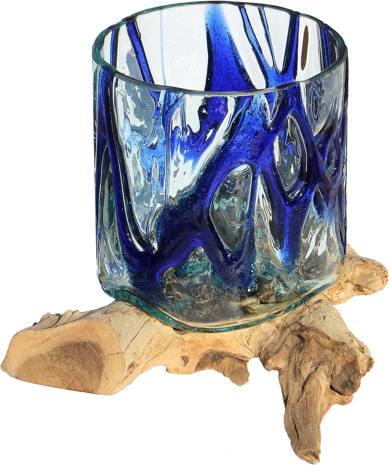 Wogeka Dekovase Glas-Vase "Gloria" auf Wurzel-Holz Ø Glas 15-16 cm Teakholz Gamal