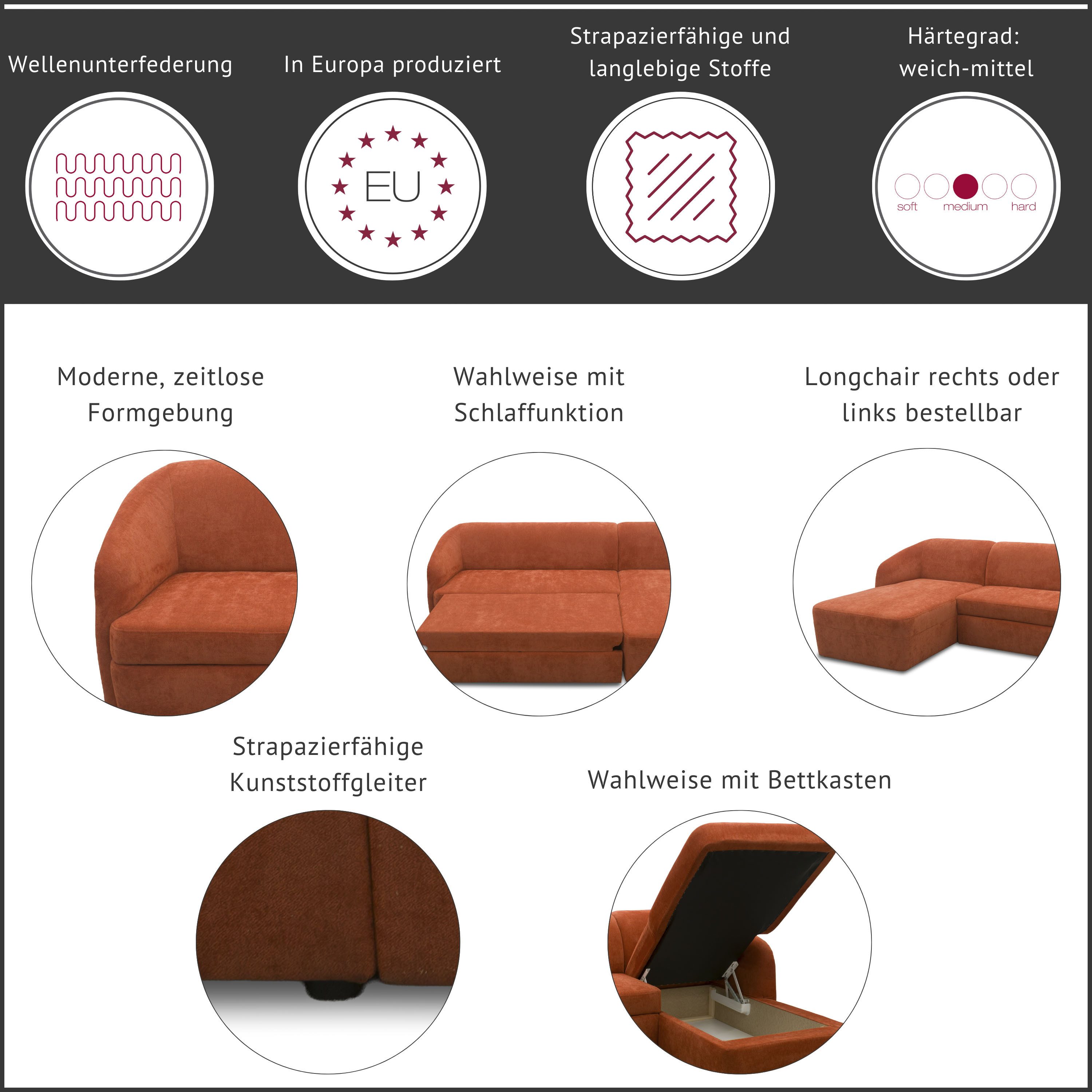 DOMO collection Ecksofa Orbis, modernes, klares Design mit schmalen, abgerundeten Armlehnen, whlw. mit Bettfunktion u./o. Bettkasten, aus Luxus- Microfaser