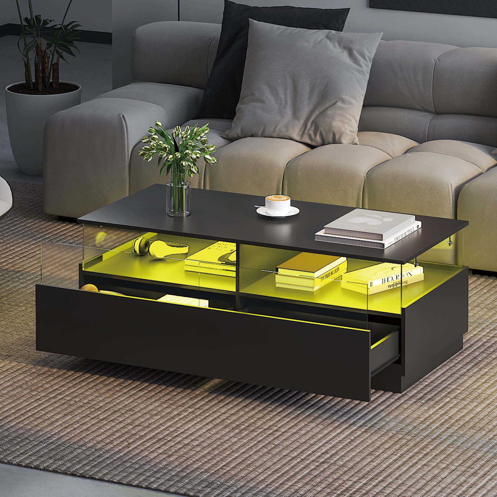 radelldar Couchtisch mit LED-Beleuchtung und 2 Acryltüren-Schubladen (1-St), Wohnzimmertisch Beistelltisch 108 x 50 x 40 cm