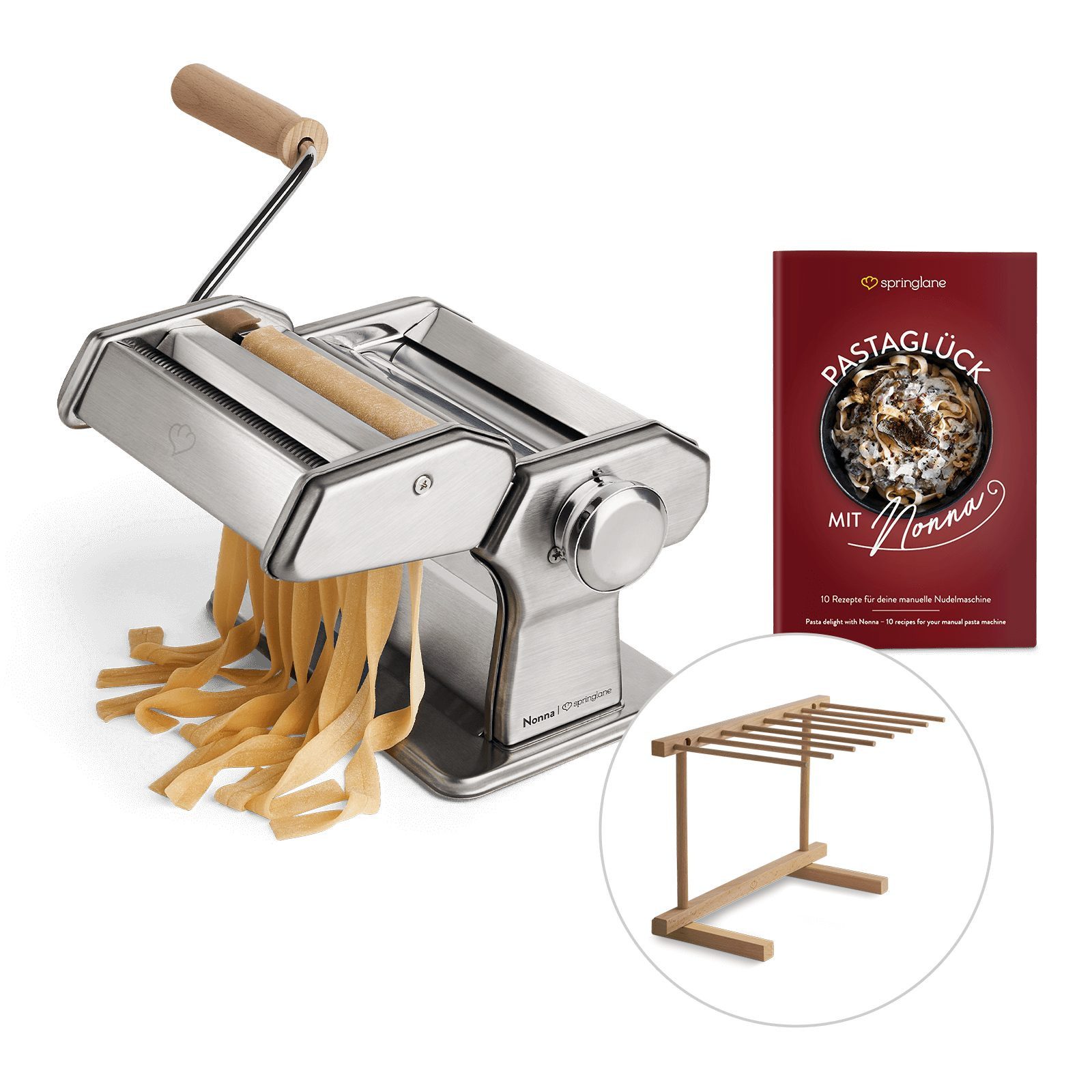 Springlane Nudelmaschine - Manuelle Nudelmaschine aus Edelstahl - Pastamaker inkl. Rezeptbuch, Nudeltrockner & 3 Schneideaufsätze, 9 Teigdicke-Stufen