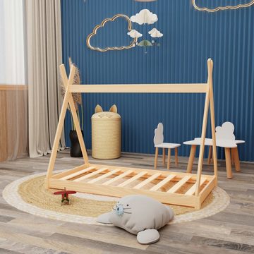 HAGO Kinderbett Montessori Kinderbett 140x70cm natur Tipi Spielbett Zeltform Holz
