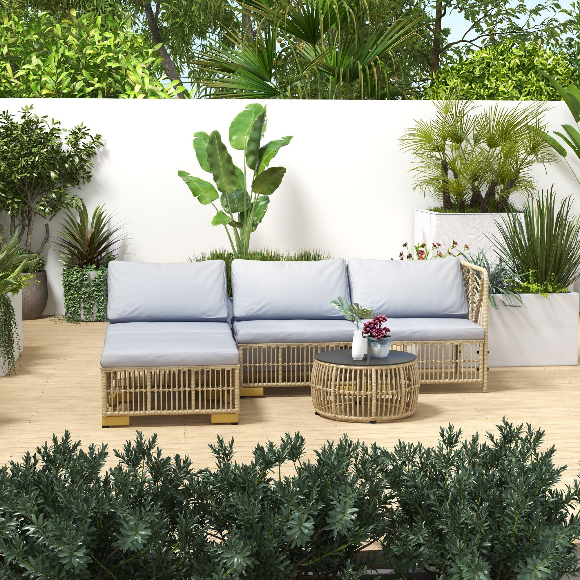 Outsunny Sitzgruppe Rattan Balkonmöbel Set, mit Kissen, Gartengarnitur, Stahl, (Sitzgarnitur, 5-tlg., Gartenmöbel-Set), Polyester 73L x 73B x 73H cm