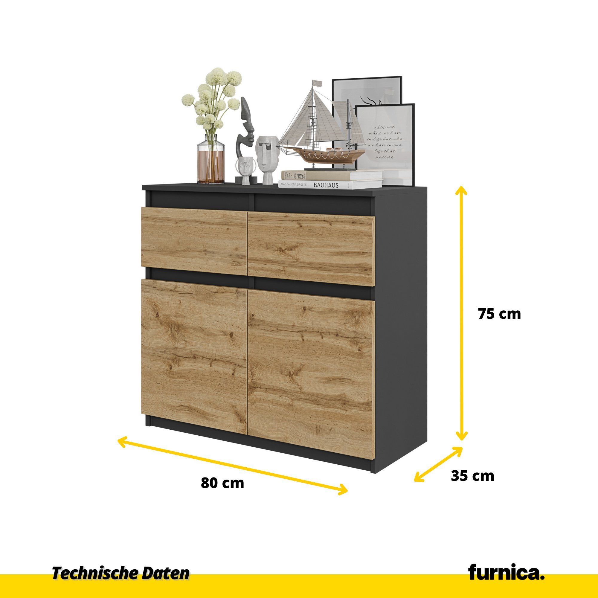 Furnica Kommode NOAH 2 Schubladen und 2 Türen - Anthrazit Grau H75cm B80cm T35cm