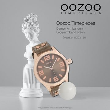 OOZOO Quarzuhr Oozoo Damen Armbanduhr braun, (Analoguhr), Damenuhr rund, extra groß (ca. 46mm) Lederarmband, Fashion-Style