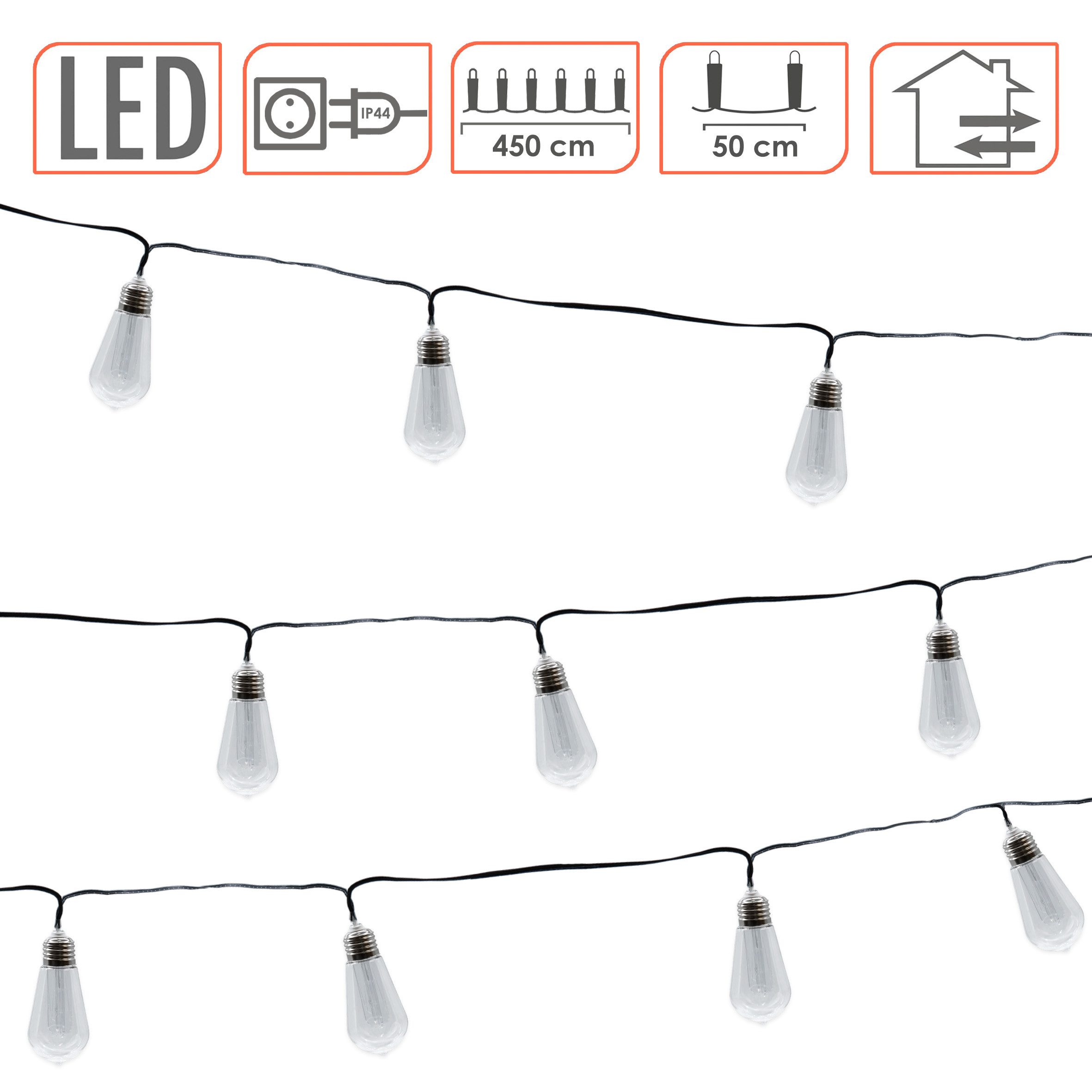 Spetebo LED-Lichterkette Deko Beleuchtung mit 10 LED Glühbirnen - 450 cm - mit Netzstecker, 10-flammig, mit Timer