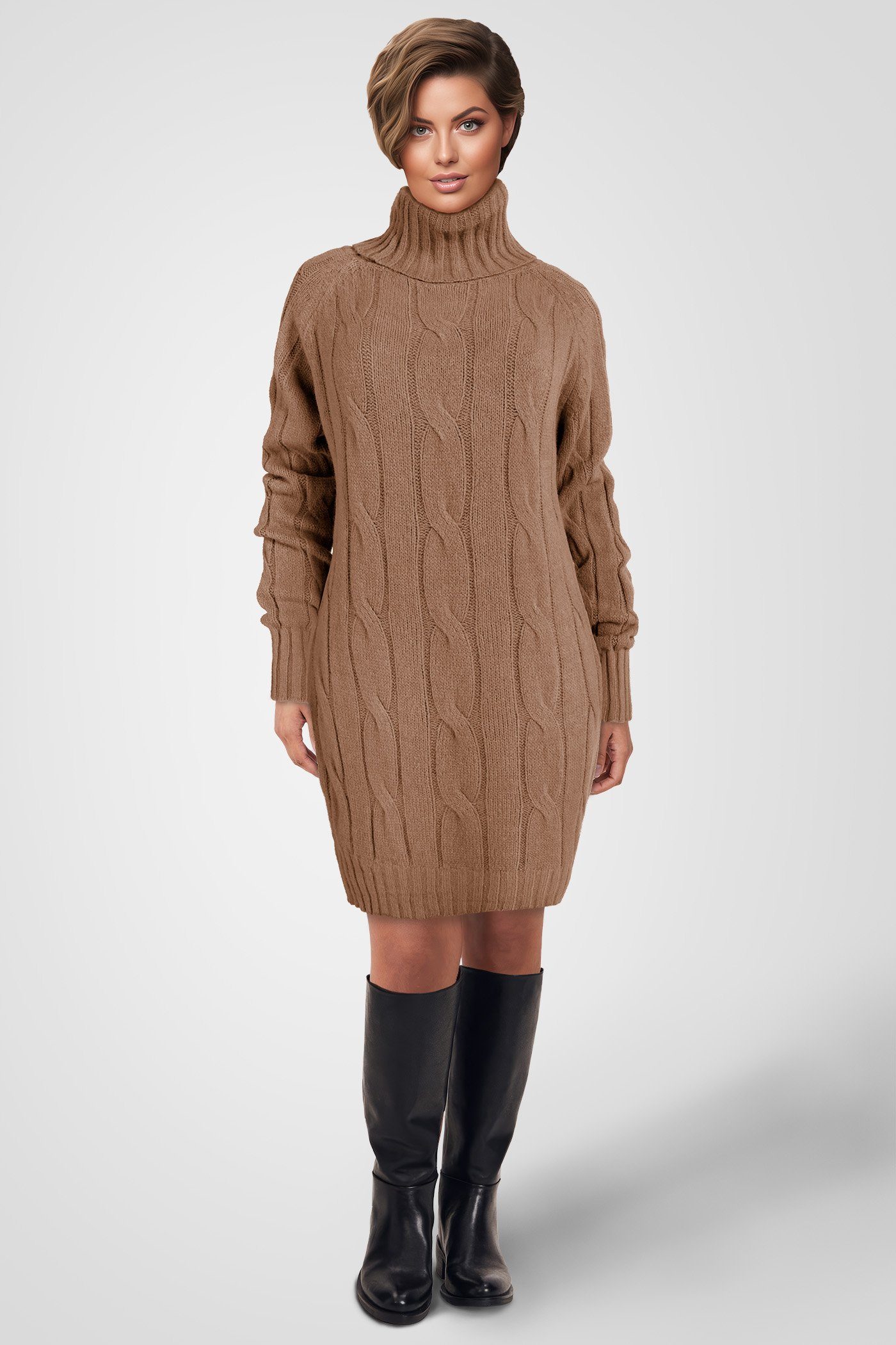 Strickkleid Kurzes Strickkleid mit Rollkragen Zopfmuster