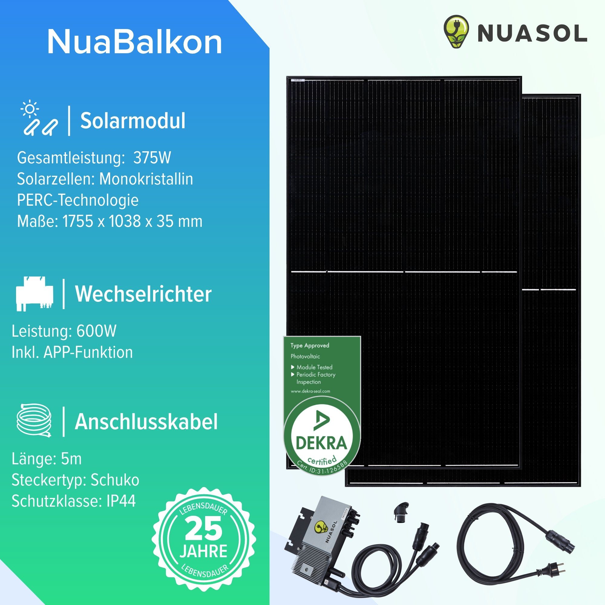 Zellstruktur, NuaSol Solaranlage (Set) (2x375W), monokristalline Balkonkraftwerk 750W 600W Wechselrichter,