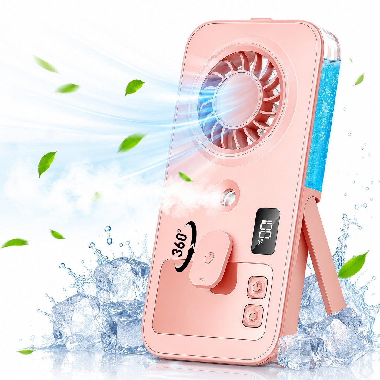 MOPUEA Handventilator Mini Handventilator mit Sprühnebel 4 Stufen USB C faltbar 2000mAh Akku, LED-Display Ventilator Sprühventilator Tischventilator leise tragbar