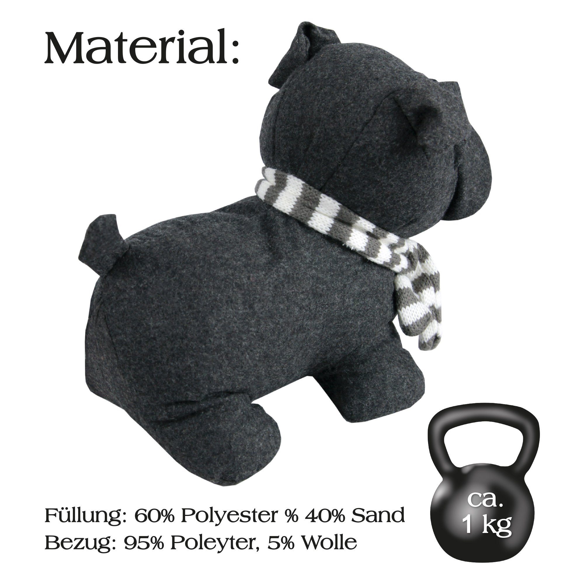 Bestlivings Türstopper Tier-Design aus Stoff, Anthrazit (Mops), 25x20 cm, Füllung 60% Polyester/40% Sand (1kg) – Bild 4 von 5