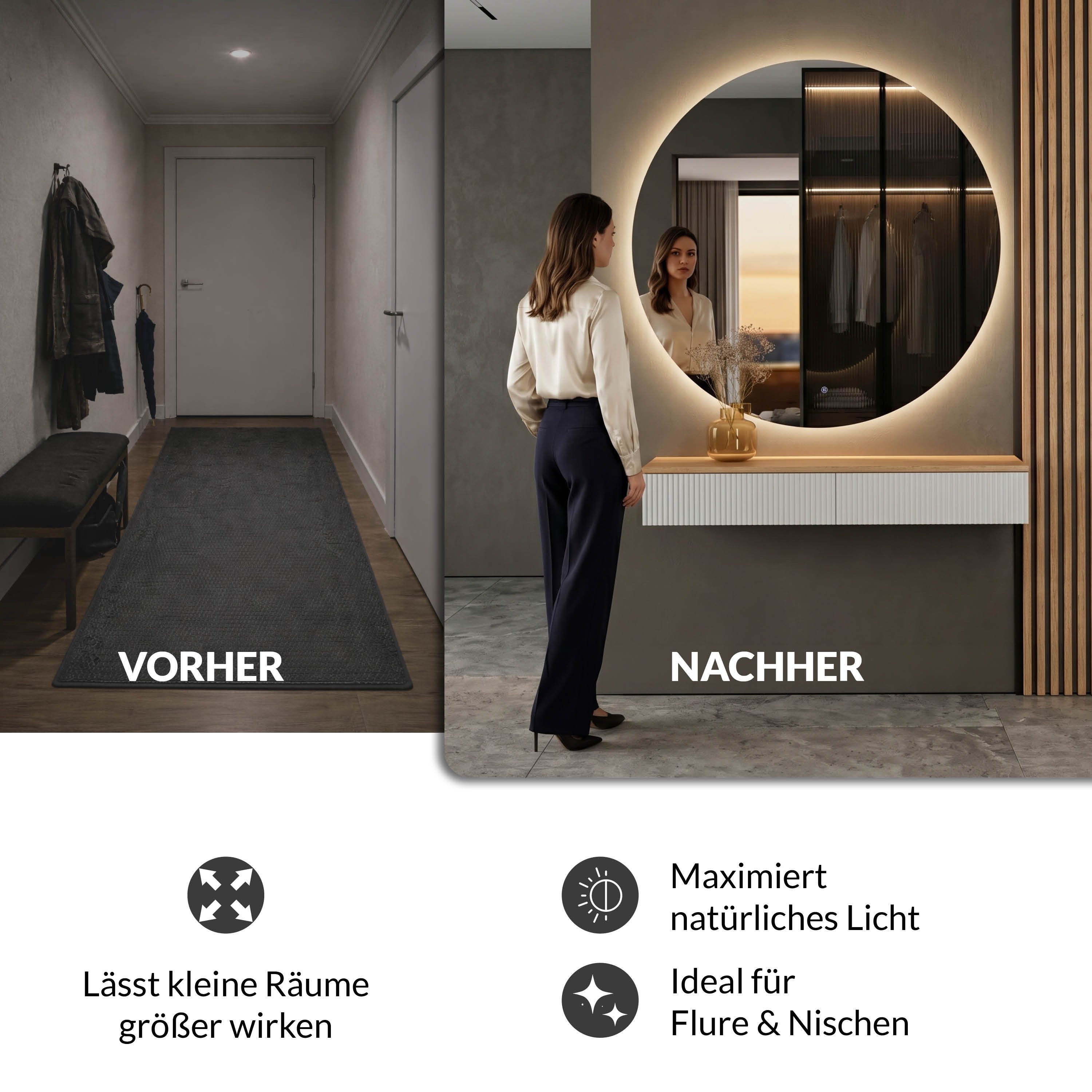 Planetmöbel Konsolentisch AMYRA Flurtisch 100 cm, NOVA Spiegel mit Beleuchtung 60 - 100 cm (Konsolentisch 100 cm, inkl. Spiegel mit Beleuchtung rund 100x100 cm) – Bild 2 von 5