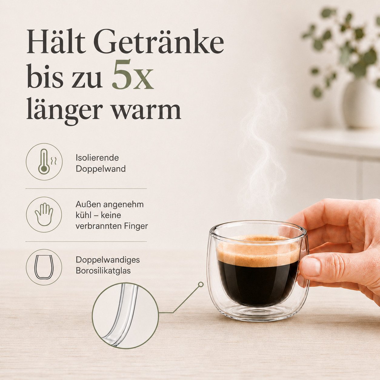LAPRESO Espressoglas Doppelwandig Thermogläser Kaffeegläser Set 80 ml, 6-tlg., Borosilikatglas, 6er Set