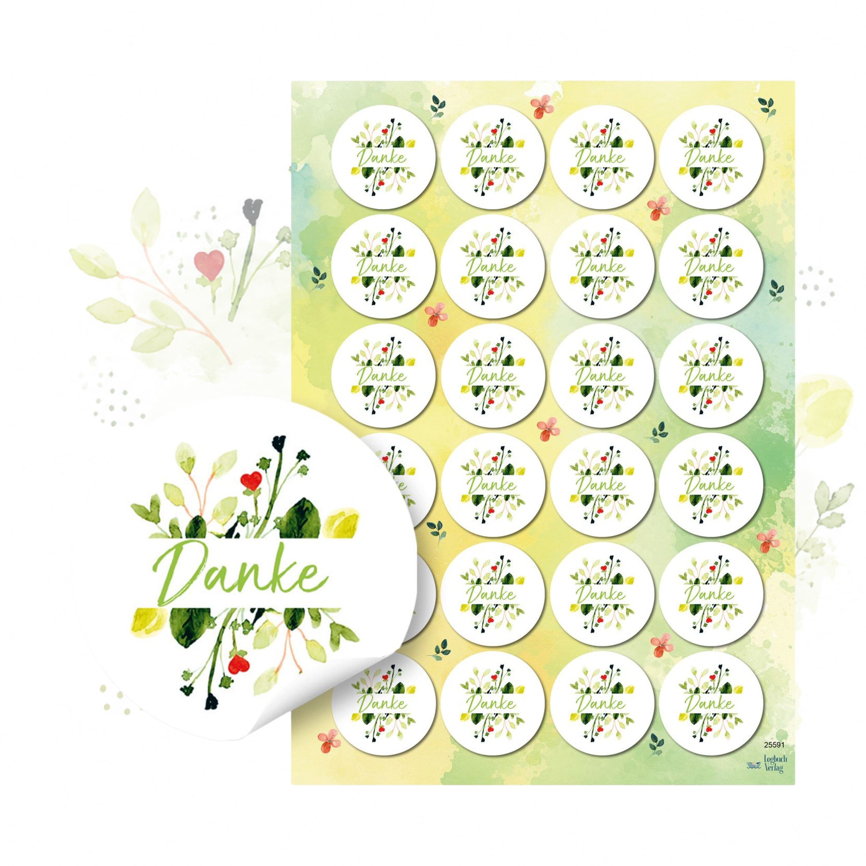Logbuch-Verlag Aufkleber Danke Sticker Set 24 Stück Blumenmotiv rund Ø 4 cm Aufkleber für