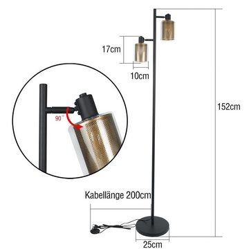 ZMH Stehlampe Vintage Stehleuchte Retro Wohnzimmer Industrial Schwarz Gold, LED wechselbar, ohne Birne, E14, 2 flammig