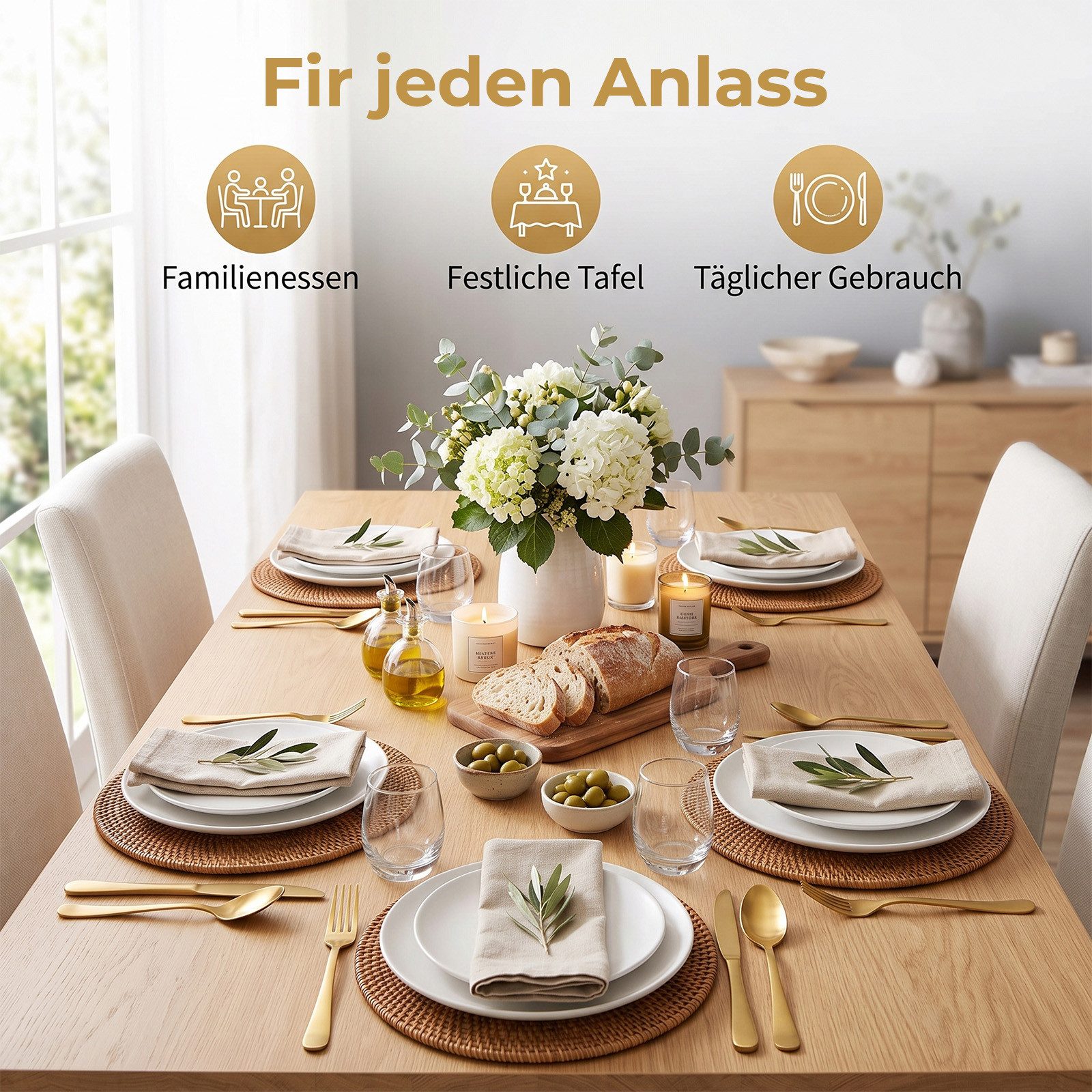 AKKEE Besteck-Set für 6 Personen, 30 teilig Titanium Gold Essbesteck Set, 6 Personen, inkl. Messer, Gabel, Löffel, Besteck Edelstahl, Spülmaschinenfest – Bild 4 von 5