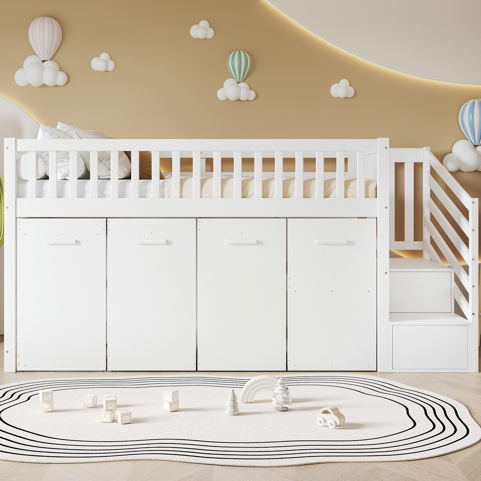 Merax Hochbett (2 Schließfächer in der Treppe, 1-St., Kieferholz Kinderbett Jugendbett Stockbett Holzbett) Etagenbett 90x200cm mit Schreibtisch Kleiderschrank & – Bild 3 von 5