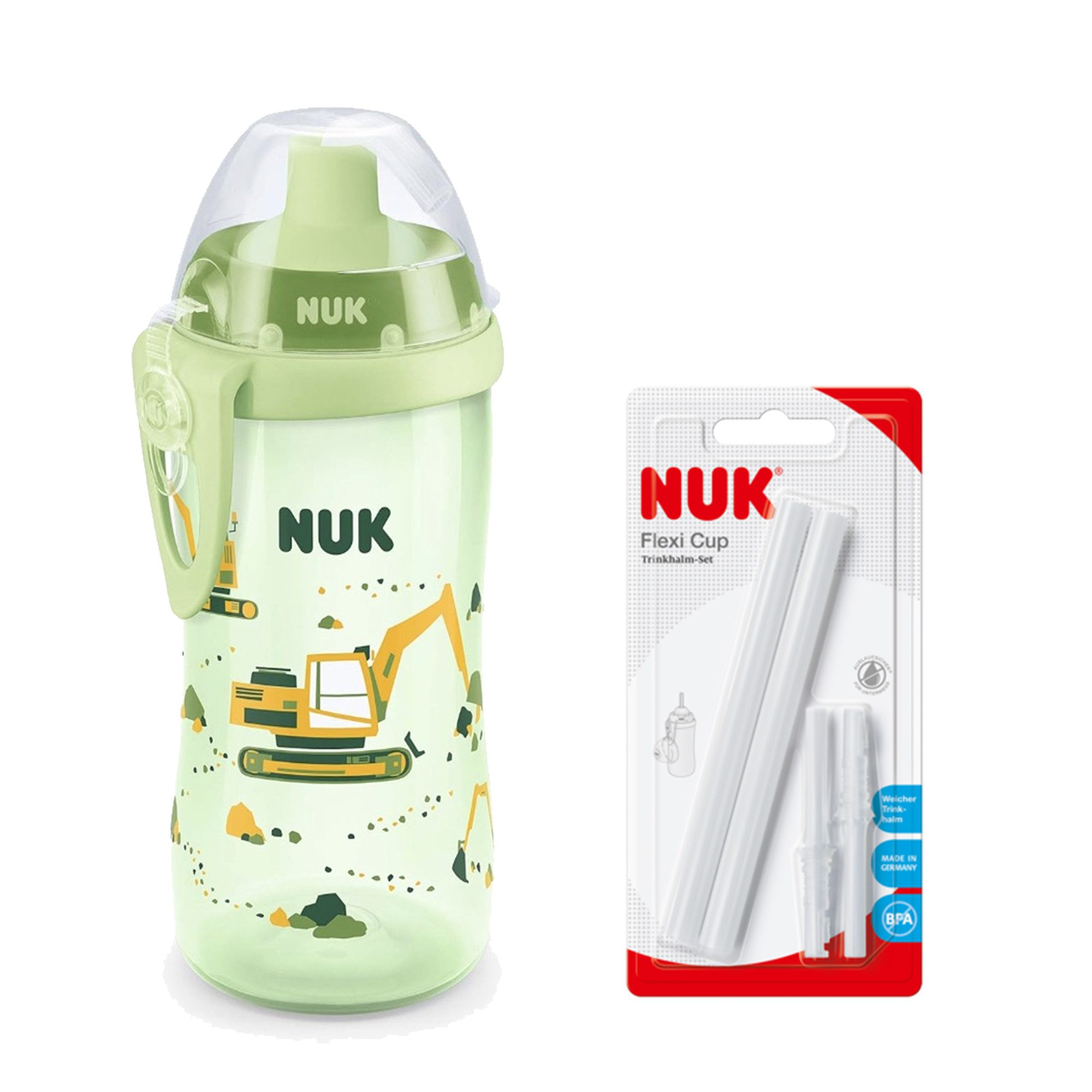 NUK Babyflasche NUK Flexi Cup Trinklernflasche mit Trinkhalm, 300ml, Bagger (grün)