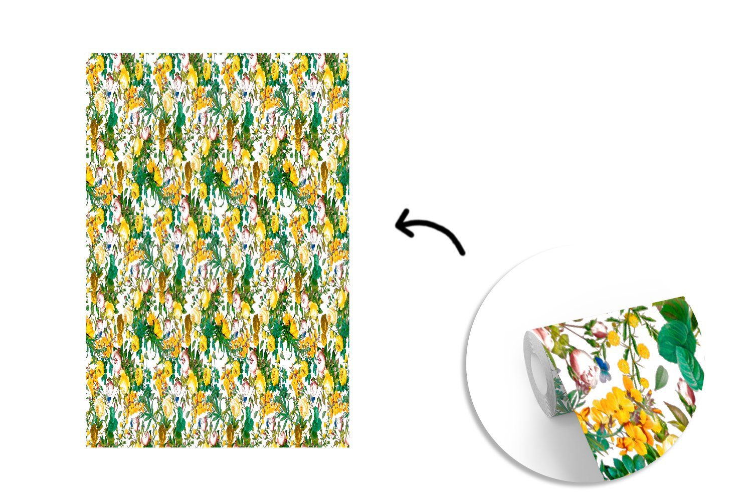 St), Fototapete (3 - Blumen Vinyl Collage, Tapete Matt, Wohnzimmer, Gelb Montagefertig bedruckt, für MuchoWow - Wandtapete