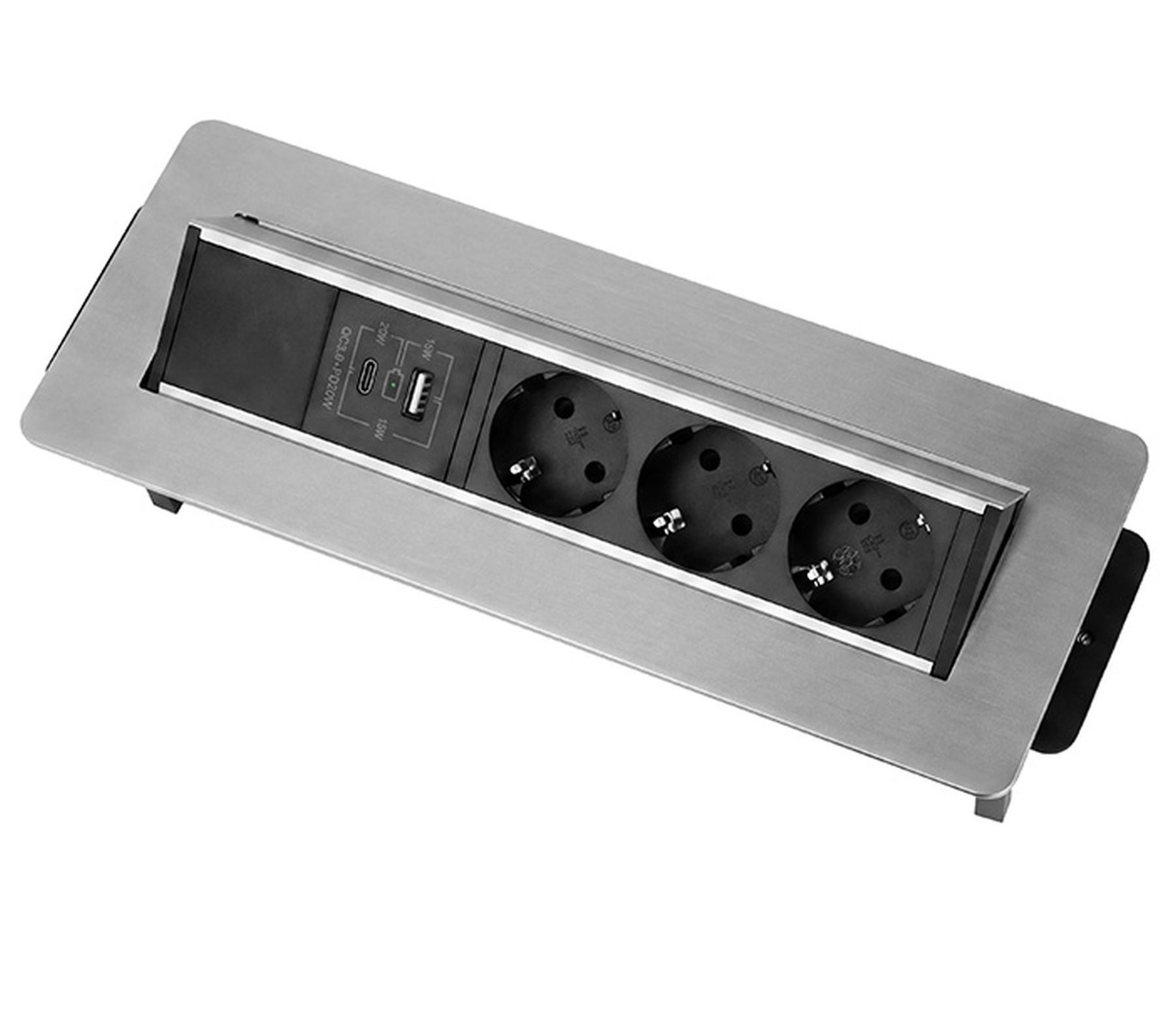 Designlight Einbausteckdose Typ F Büro USB A/C Silber versenkbar 5-fach Steckdose Einbau-Tischsteckdose (Kabellänge 1.50 m)